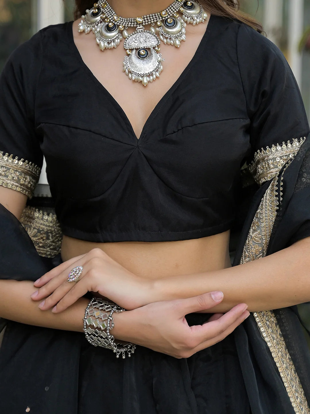 Nayana Black Solid Organza Lehenga With Choli And Dupatta